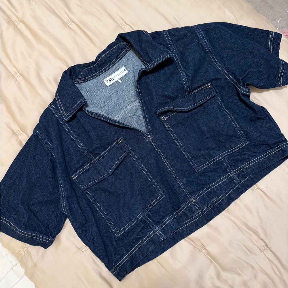 Zara Indigo Cropped Denim Zip Jacket